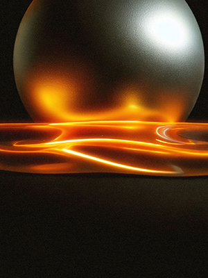 Flacone sferico illuminato da una luce arancione per Save Our Souls